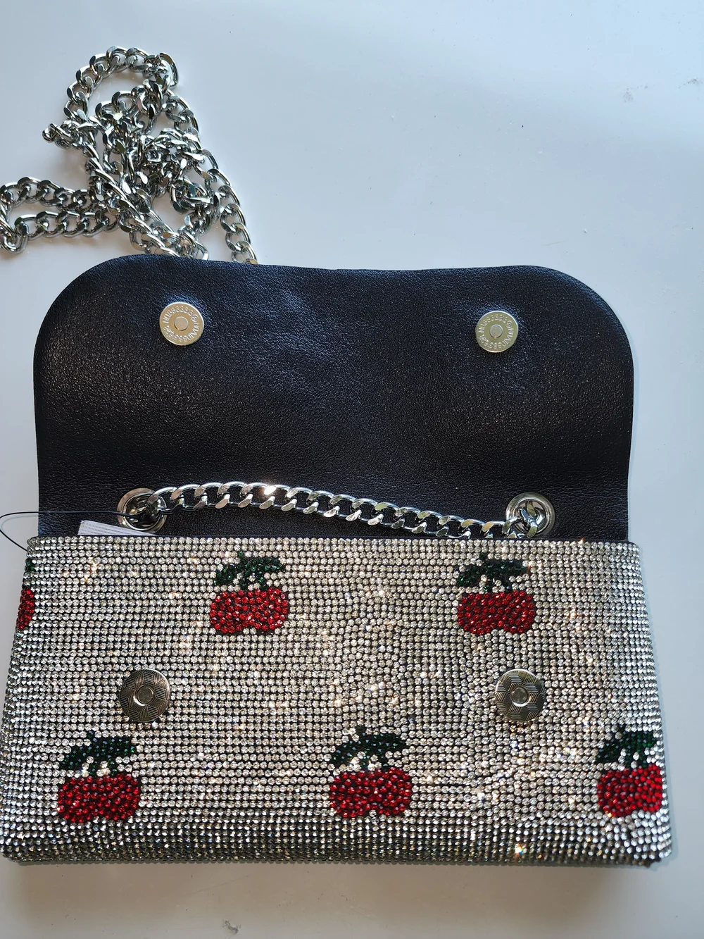 Silver Crystal Cherry Wristlet Clutch- With Shoulder Strap NWT